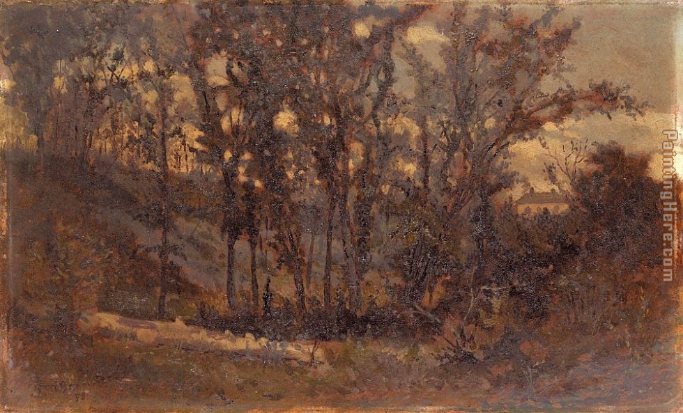 forest scene, fallen tree in foreground and house in background painting - Edward Mitchell Bannister forest scene, fallen tree in foreground and house in background art painting